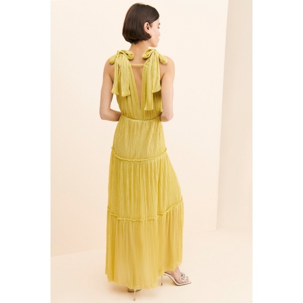 Sabina Musayev Helena Yellow Gold Plisse Tiered Maxi Dress Small V-Neck Tie Back